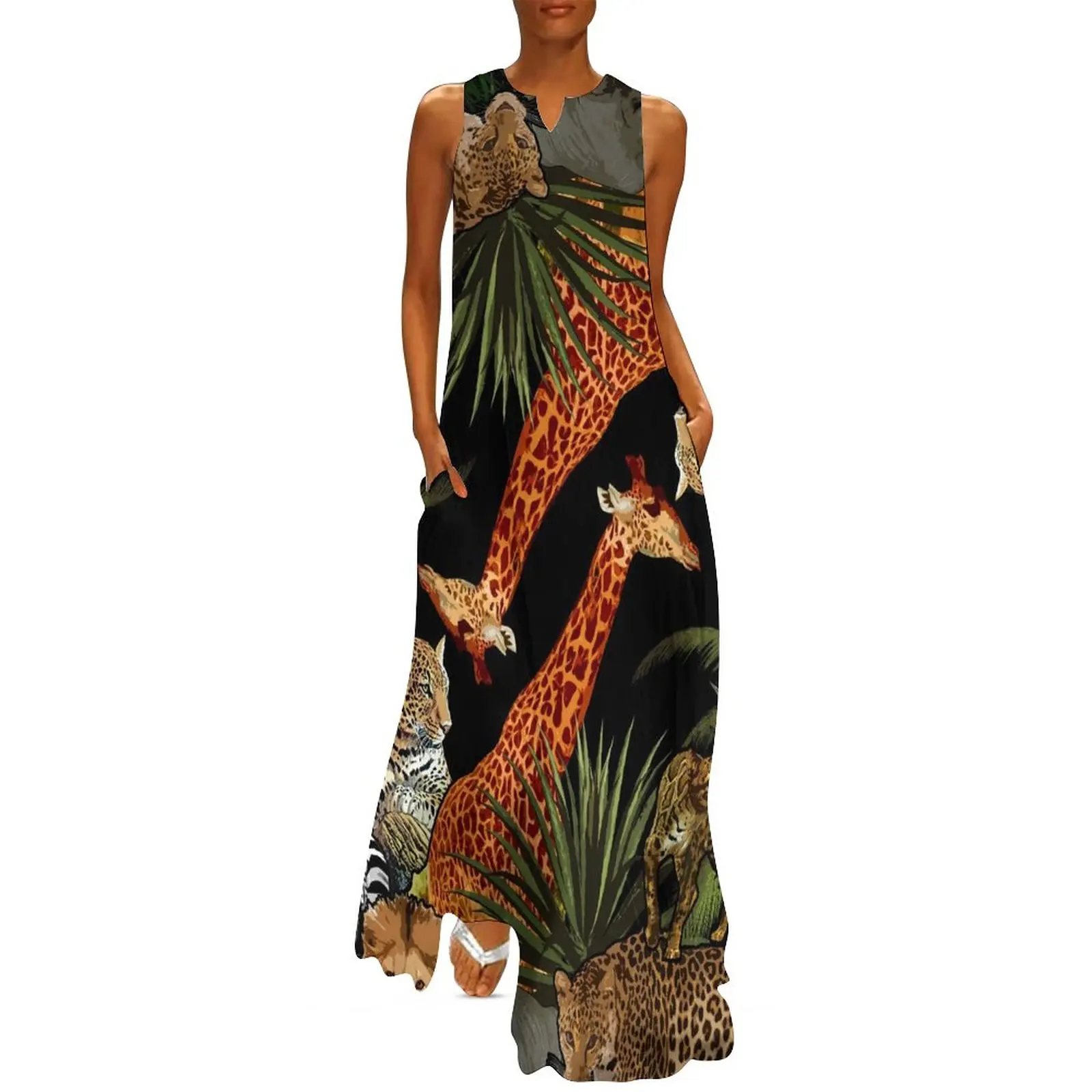 

Giraffe And Leopard Dress Summer African Wildlife Street Style Boho Beach Long Dresses Women Print Kawaii Maxi Dress 3XL 4XL 5XL