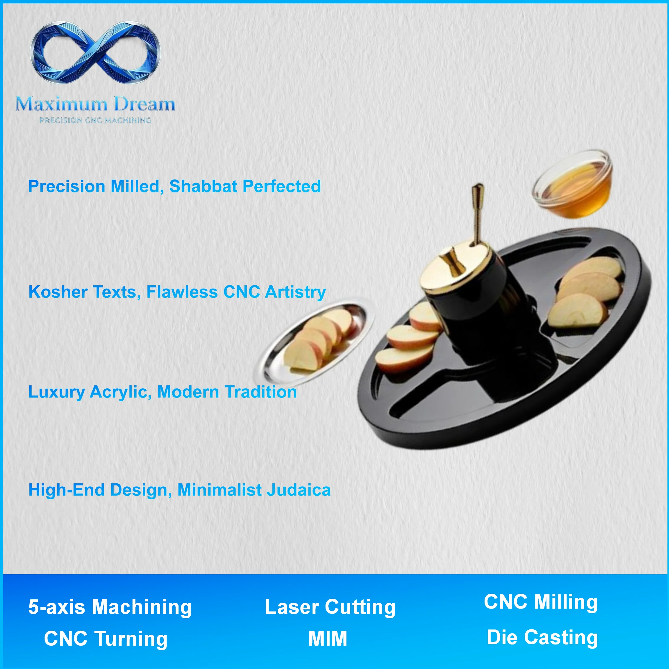 Bespoke 5-Axis CNC Milled Apple & Honey Tray - Modern Minimalist Acrylic Judaica per Drawing - High Precision Factory Service