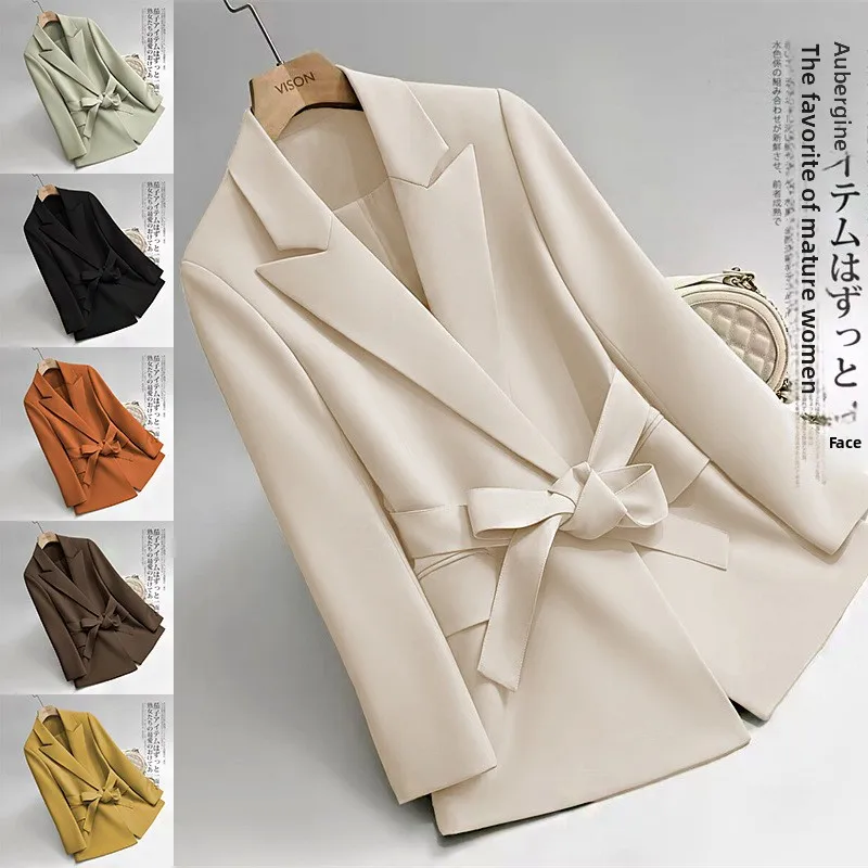 

Корейская стильная приталенная повседневная женская куртка средней длины для весны и осени, универсальная, стильная, из полиэстера, с дизайнерскими складками