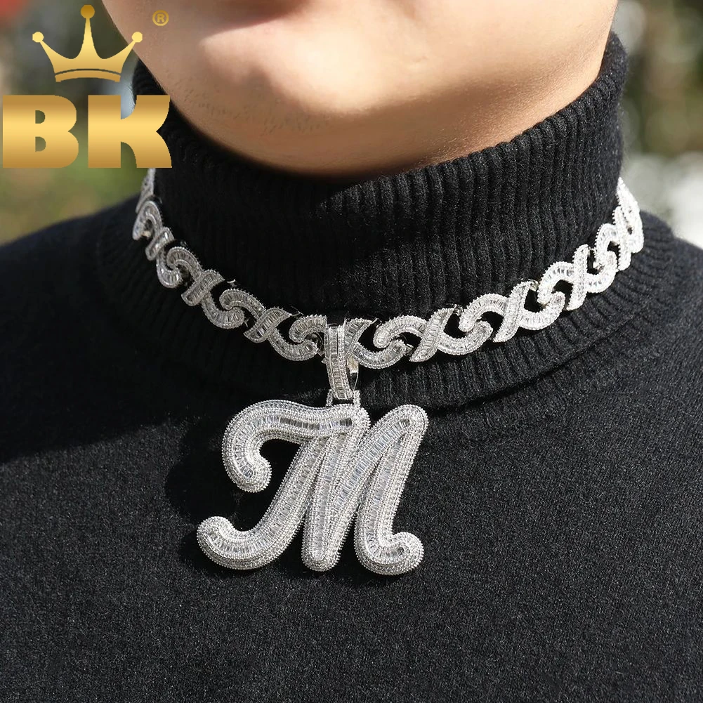 THE BLING KING BaguetteCZ Cursive Letter Pendant Initial Letter A-Z Iced Out Cubic Zirconia Charm Choker Necklace Hiphop Jewelry