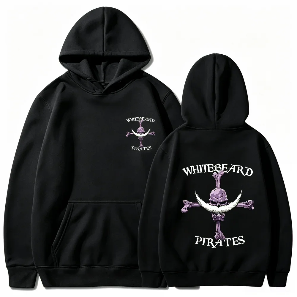 One Piece Whitebeard Hoodie,  Drawstring Hooded Sweatshirt Whitebeard Pirates Skull Crossbone Front Back Print Anime Pullover