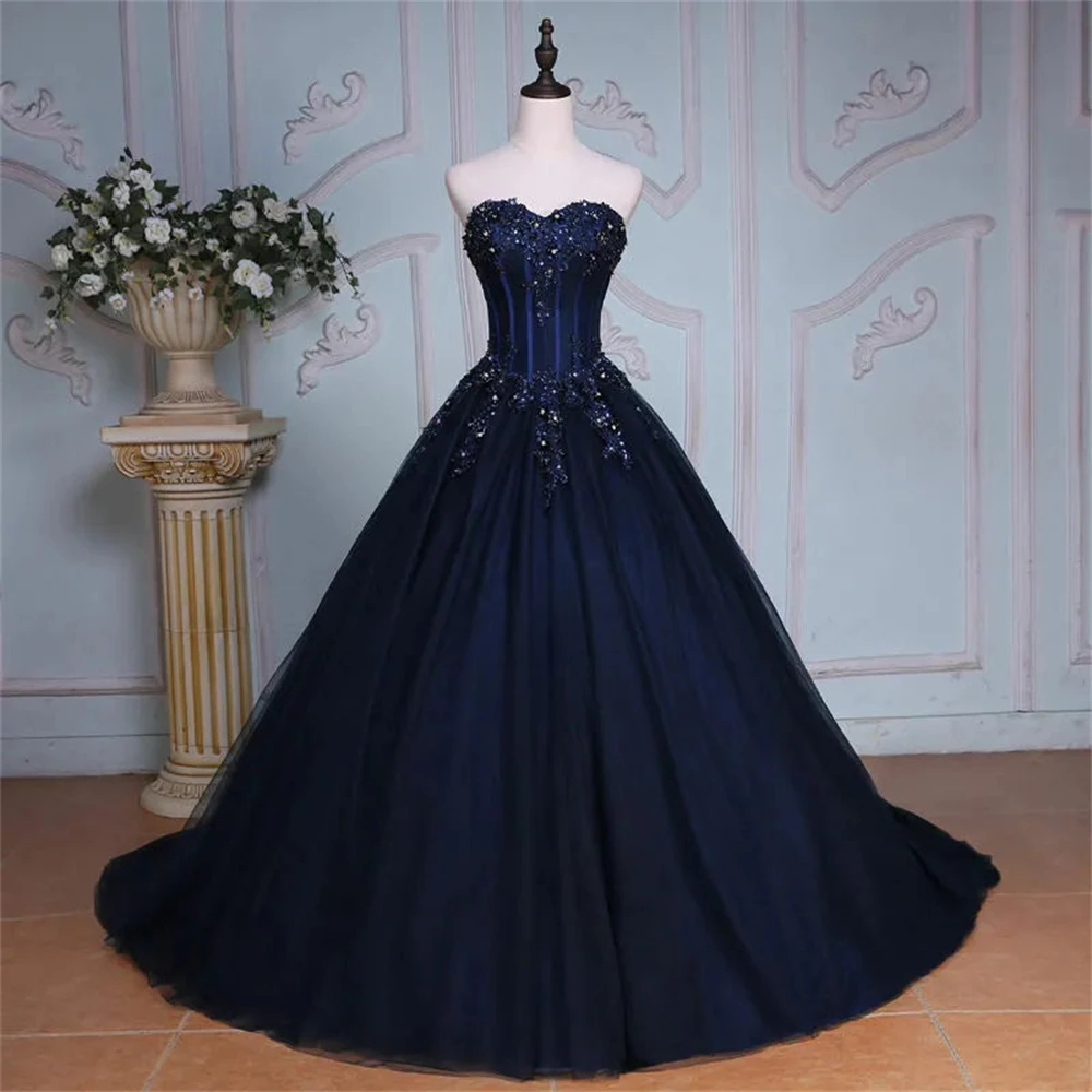 Elegant Navy Blue Prom Dresses 2025 Sexy Sweetheart Long Corset Crystal Bead Applique Evening Party Dress Customized