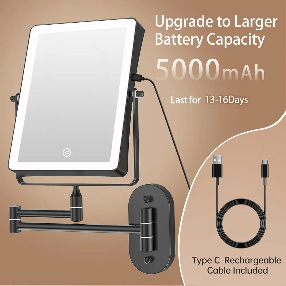 8.7 กระจกแต่งหน้า LED สองด้านพร้อมกำลังขยาย 30 เท่า 360 °   แขนหมุนได้, 3 สีของแสง, ติดผนัง, แบตเตอรี่ 5000mAh