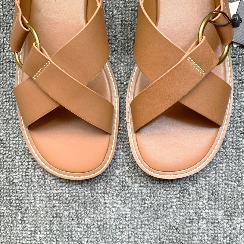 2024 Summer England Style Genuine Leather Women Sandals Cross Straps Gladiator Sandals For Women Gold Buckle Flat Sandals Women