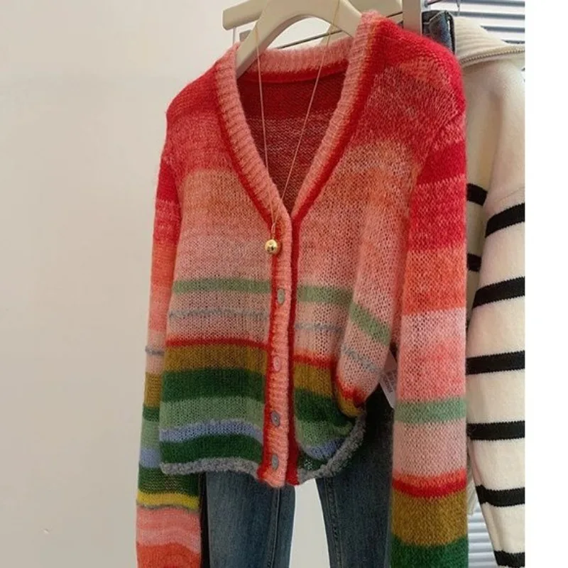 Women Trendy Rainbow Striped Patchwork Sweet Button Knitted Cardigan Y2K Female V Neck Long Sleeve Loose Chic Outerwears Sweater