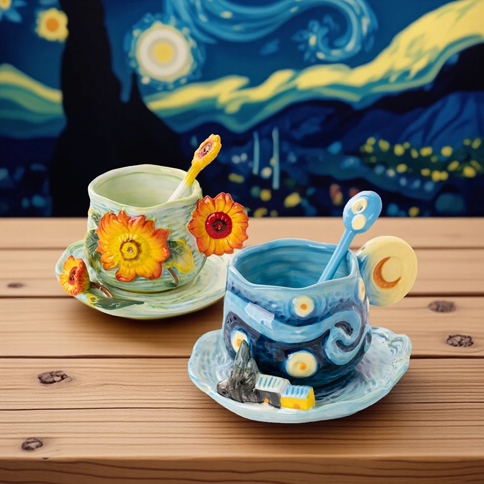Hand Painted Van Gogh Oil Painting Art Ceramic Coffee Cup & Saucer Set, Embossed Sunflower/ Iris/ Starry Night Tea Mug Set C06-4