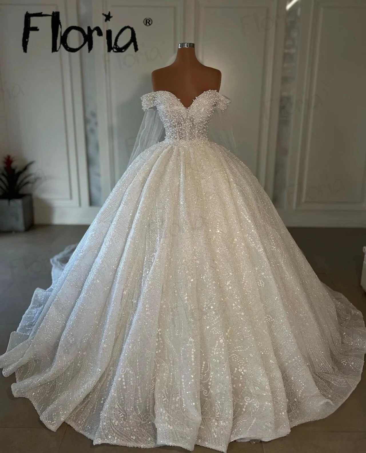 

Vestido De Casamento Off Shoulder Boat Neck Wedding Dress 2023 Full Beaded Bridal Gonw With Pearls Veil Custom Made for Princess