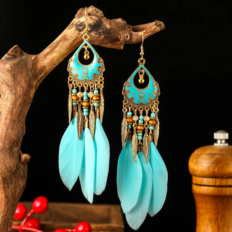 

Fashion Bohemian Long Feather Earrings for Women Ethnic Vintage Leaf Bead Gold Color Metal Earrings Vacation Party Jewelry