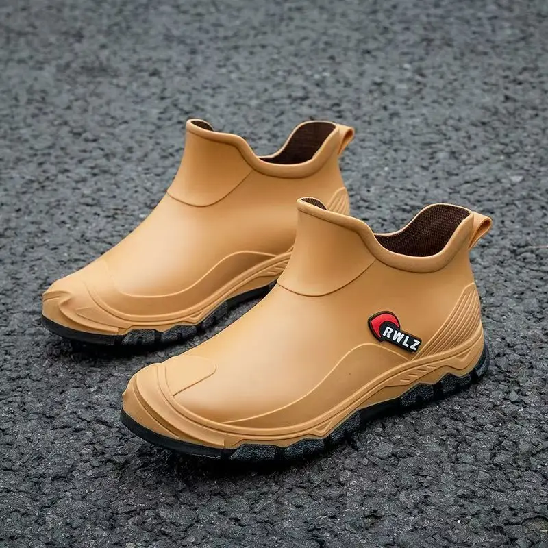 Men's Flat Sole Ankle Rain Boots Spring Autumn New Soft Sole Round Toe High Top Slip On Waterproof Kitchen Work Shoe Garden Shoe