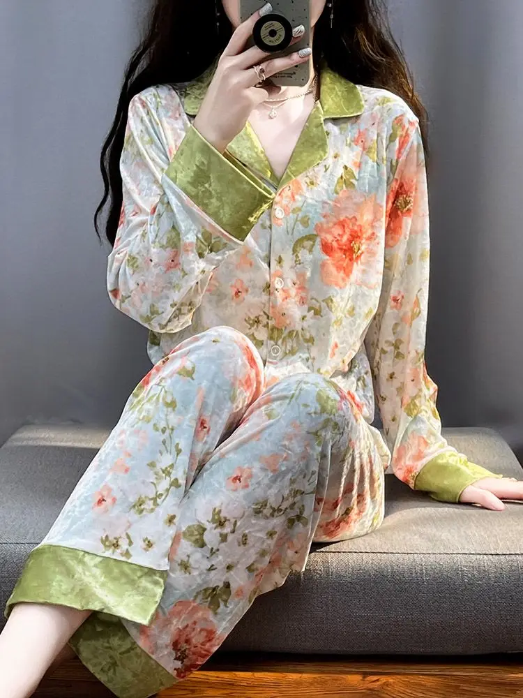 

French Luxury Velvet Pajama Sets 2 Pieces Women Floral Print Long Sleeve Cardigan Pants Autumn Loungewear Sleepwear Home Wear