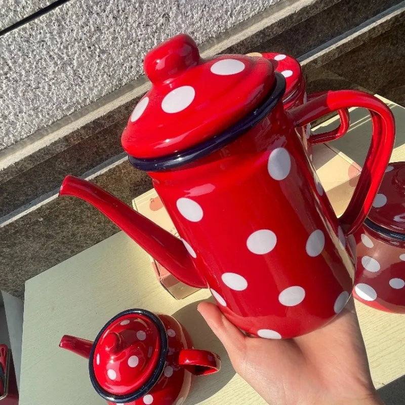 0.7-1.5 L Kitchen Accessories Thickened Classic Red Polka Dot Enamel Kettle Teapot Coffee Pot Oil Jug