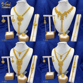 Neue Dubai 24K Gold Farbe Schmuck Sets Hochzeit Afrikanische Halskette Ohrringe Für Frauen Nigerianischen Indischen Braut 4PCS Set party Geschenke