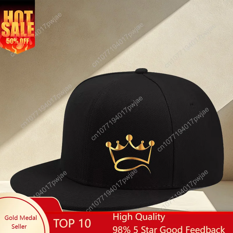 

2D Flat - 1pc Unisex Hip-Hop Flat Brim Baseball Cap, Black Acrylic Streetwear Sun Hat with Golden Crown Print, Adjustable Fit, B