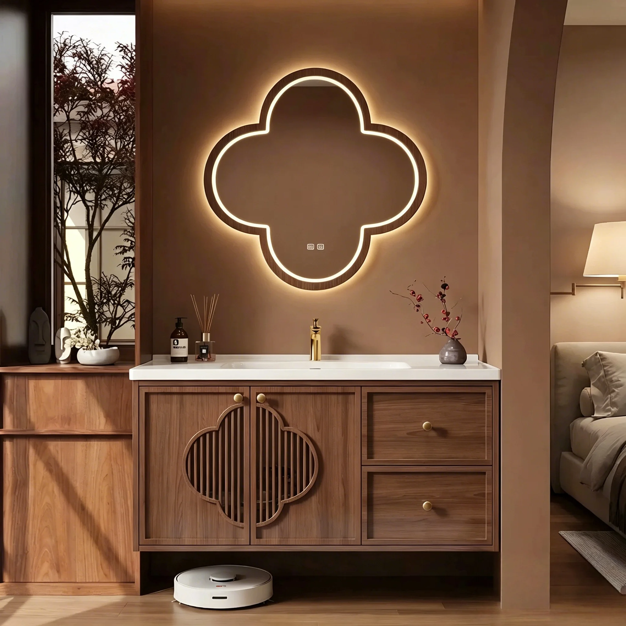 New Style Modern Bathroom Vanity Set Lacquer Wood Door Panel LED Mirror Wall-Mounted Ceramic Basin Sink