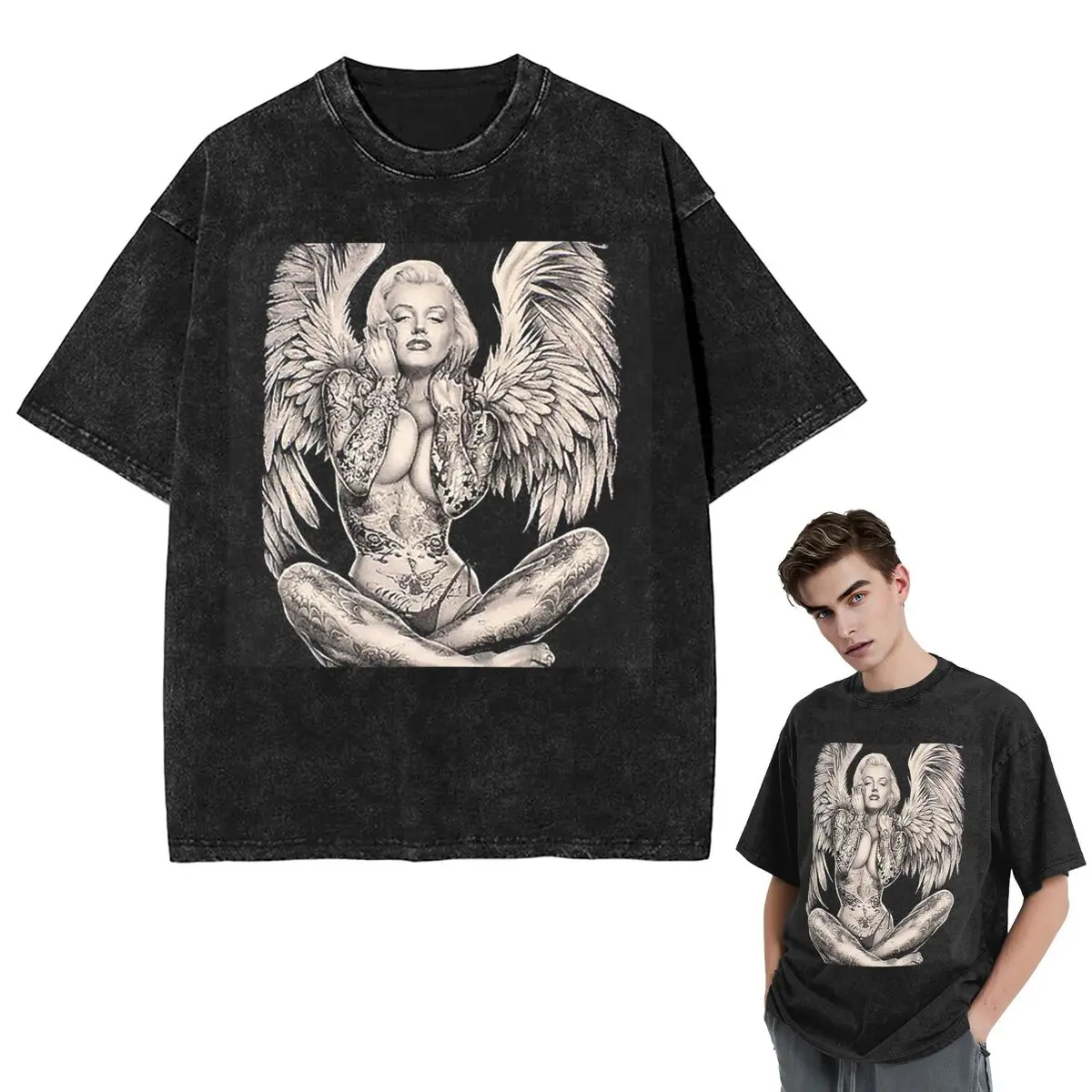 الشارع الشهير تي شيرت مارلين خمر مجردة الوشم الملاك غسلها تي شيرت قصير الأكمام الهيب هوب قمم تي شيرت تيز للرجال والنساء