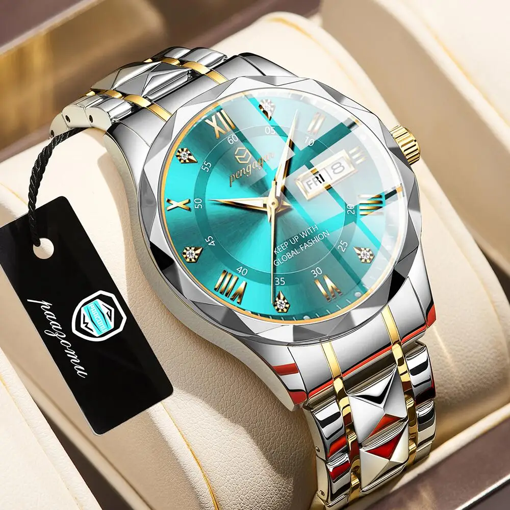 PENGAGAR Luxury Military Man Wristwatch Date Quartz Men Watch Waterproof Luminous Stainless Steel Men\'s Watches Male Reloj+box