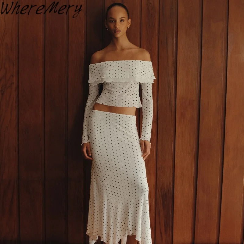 

WhereMery Polka Dot Elegant Off Shoulder Long Sleeve Crop Top And Low-waist Loose Maxi Skirt Summer Women Sexy Daily 2 Piece Set