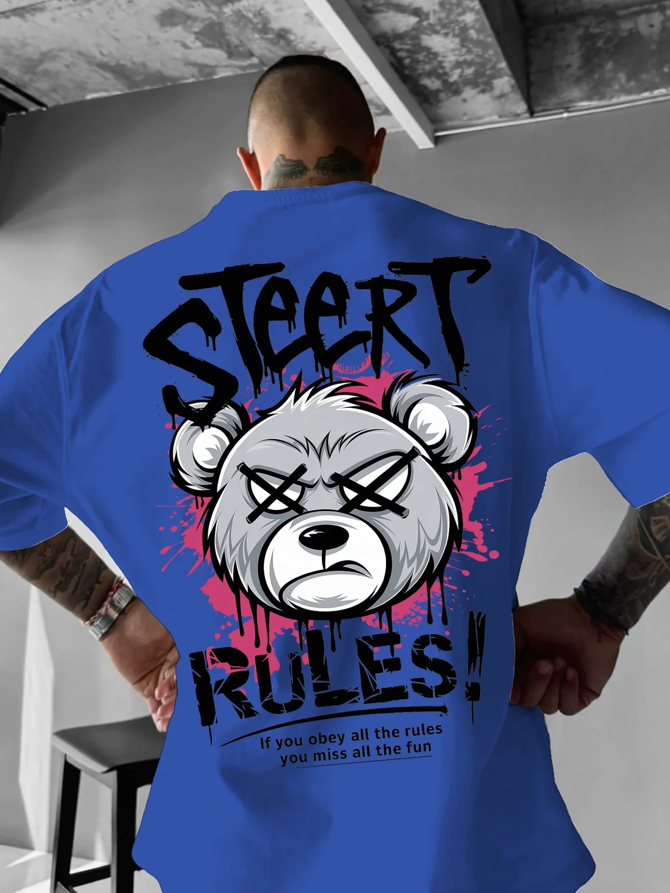 تي شيرت رجالي صيفي جديد مطبوع عليه حروف الدب الغاضب مريح وقابل للتنفس برقبة دائرية في الهواء الطلق ومتعدد الاستخدامات #6