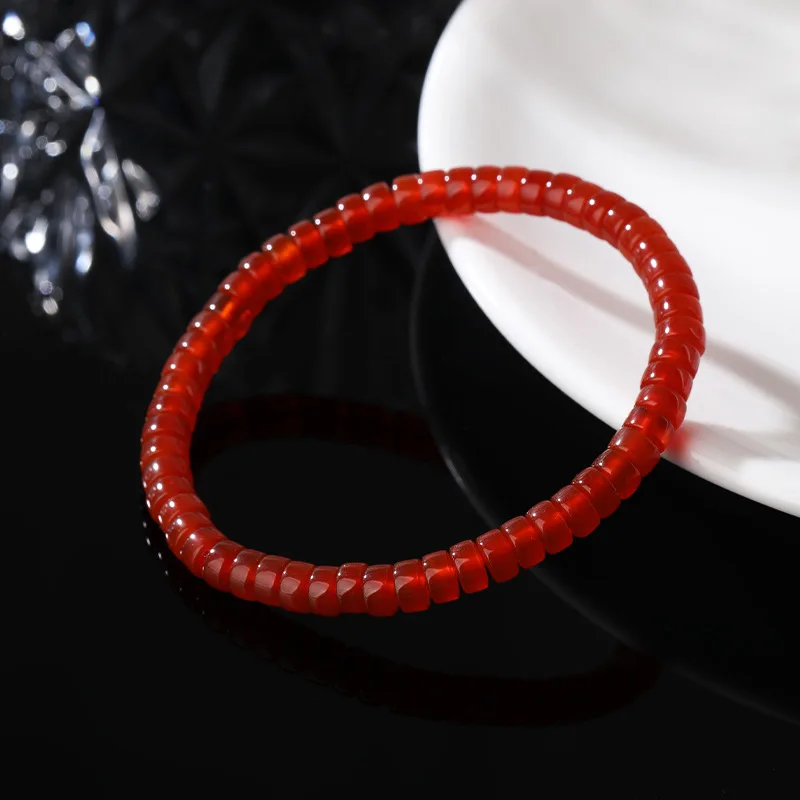 Natural Red Agate Tablet Cut Beaded Bracelet, Flat Slice Gemstone Single Strand Bracelet, Vintage Worry Stone Crystal Jewelry