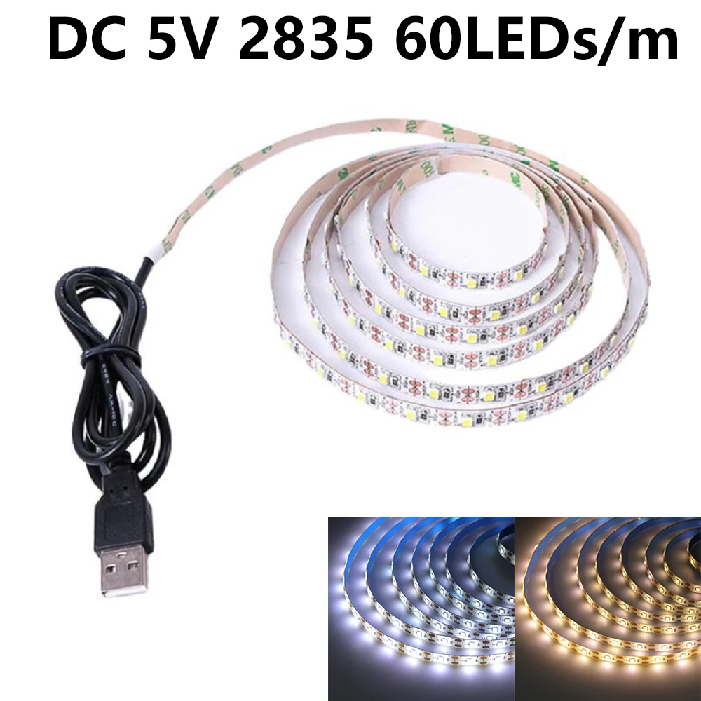 5V USB LED Strip 2835 60LEDs/M Warm White/White LED Light Strip for Bedroom TV Backlight 0.5M 1M 2M 3M 4M 5M Holiday Light