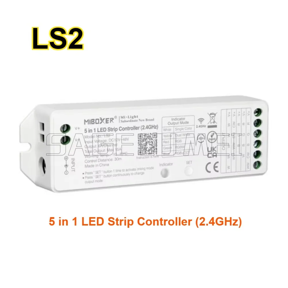 MiBoxer LS2 DC12V-48V 2,4 GHz 5in1 Smart LED Helderheid verstelbare Controller voor Enkele Kleur/CCT/RGB/RGBW/RGB + CCT LS2-WP IP67