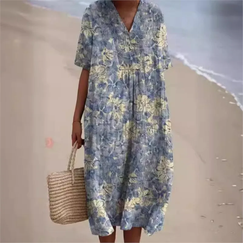 Women Retro Geometry Circle Print Long Dress Spring Single Breasted Lapel Shirt Dress Summer Puff Short Sleeve A-Line Boho Dress