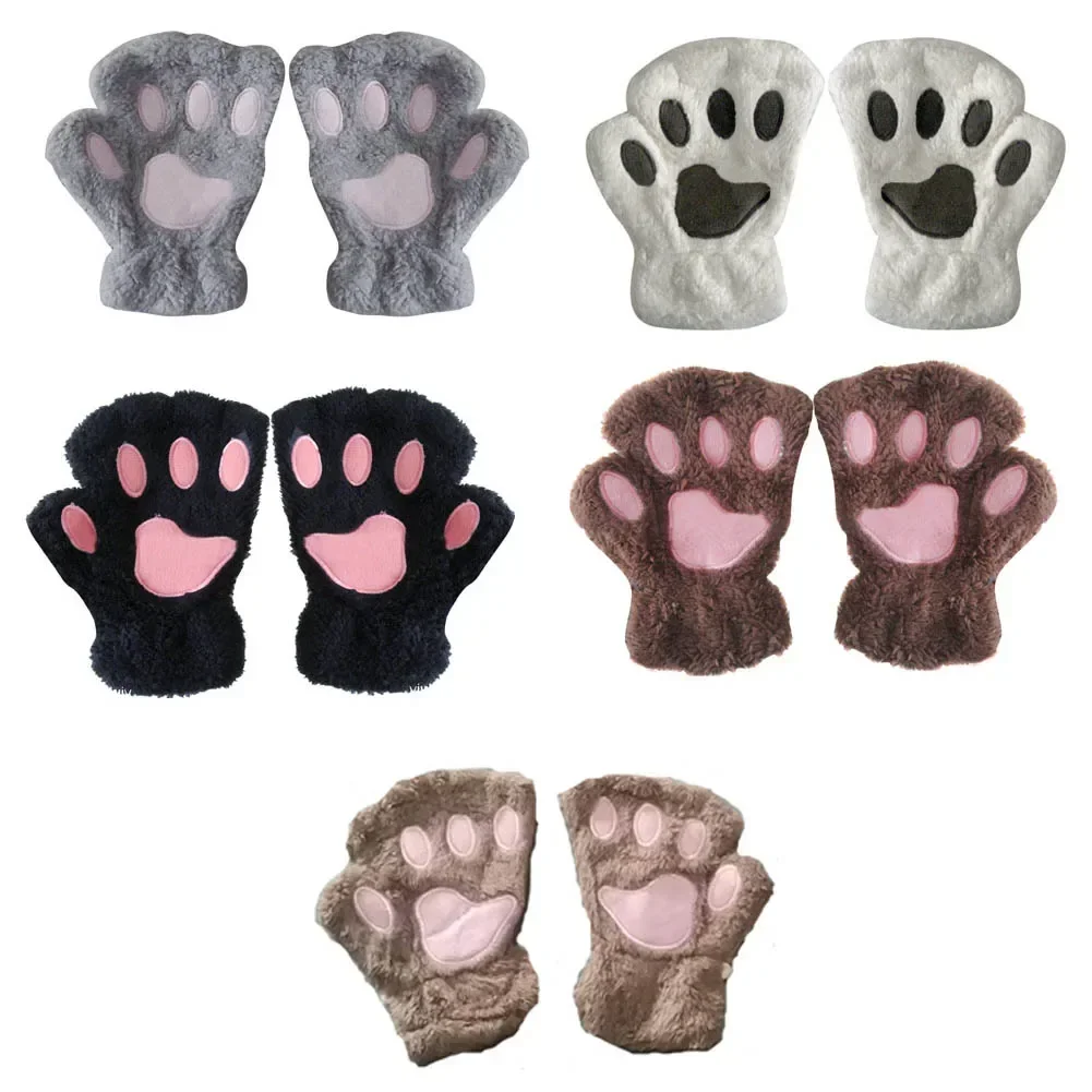 Gants sans doigts en forme de patte d\'animal pour femme, mitaines, griffe, demi-doigt, ours moelleux, chat, peluche, chaud, hiver