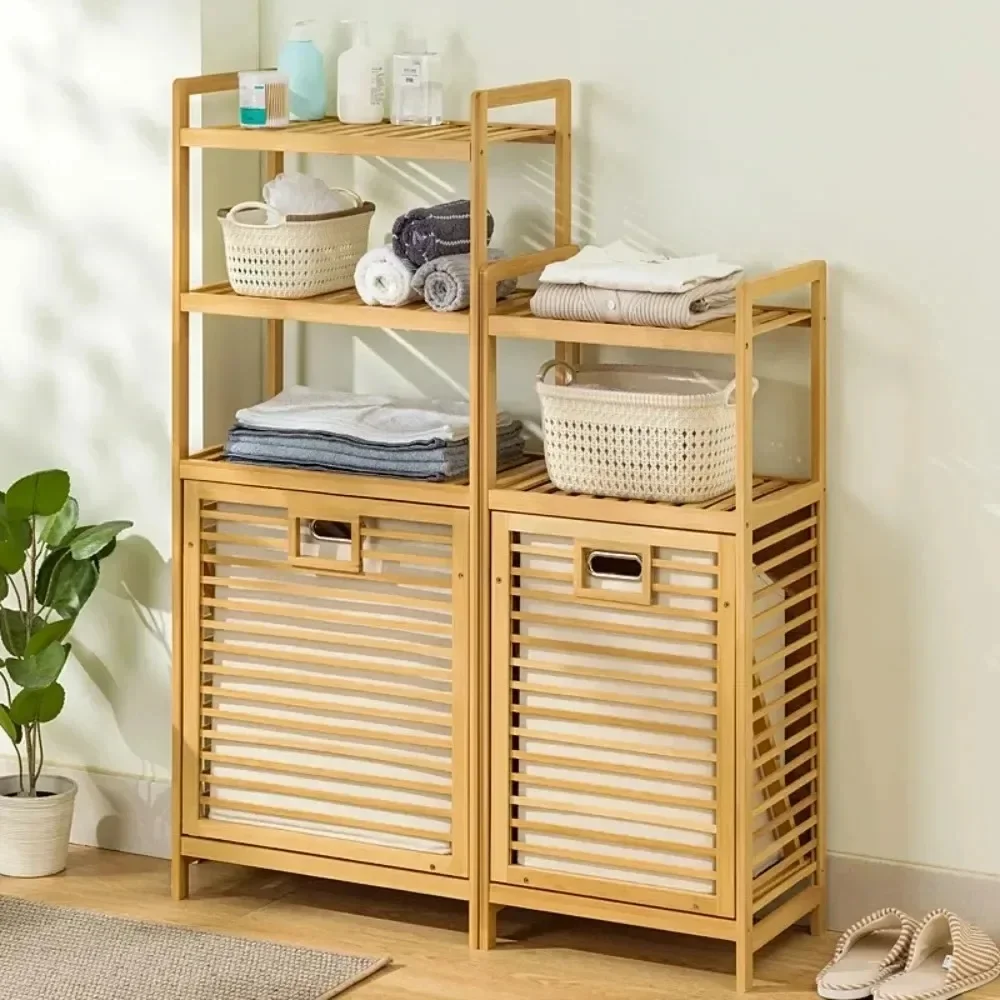 Wooden Storage Hamper Bathroom Rack Multi-function Bamboo Laundry Basket Large Capacity Hamper Shelves Tilt Out Bathroom Rack