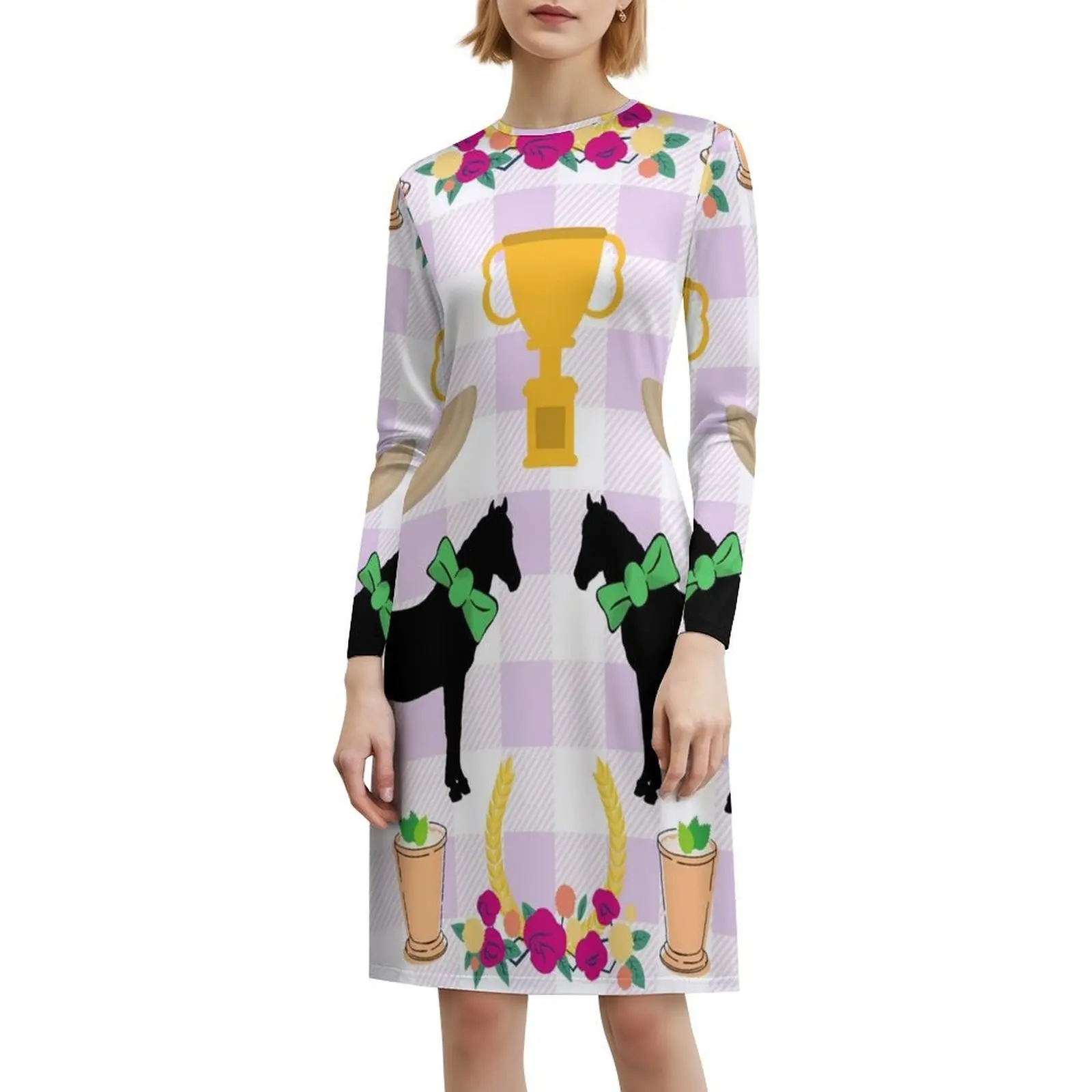 فستان My Old Home على الطراز الكوري للنساء فستان كاجوال أنيق للحفلات أو الارتداء اليومي منزلي القديم ديربي سباق الخيل امرأة الحصان