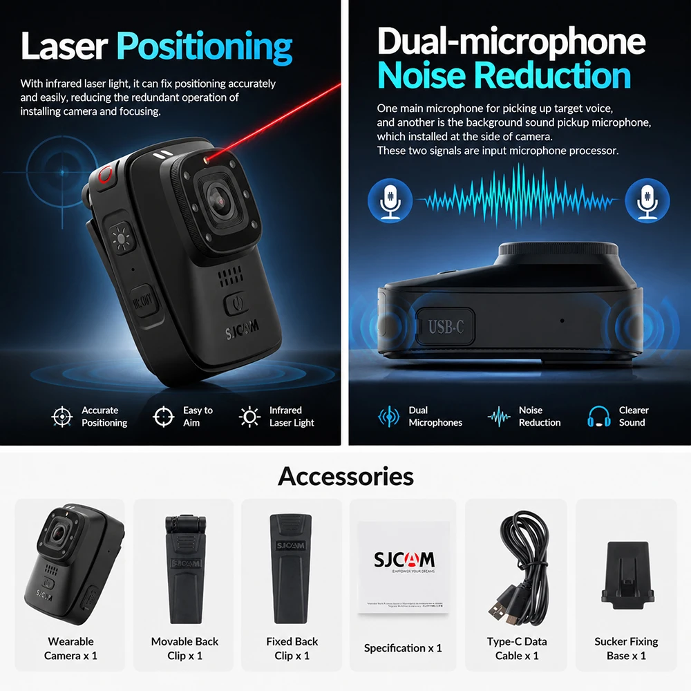 SJCAM A10 Wearable Body Camera, IP65 Waterproof, Night Vision, Portable Action Camera for Cycling, Security, Delivery & Outdoor