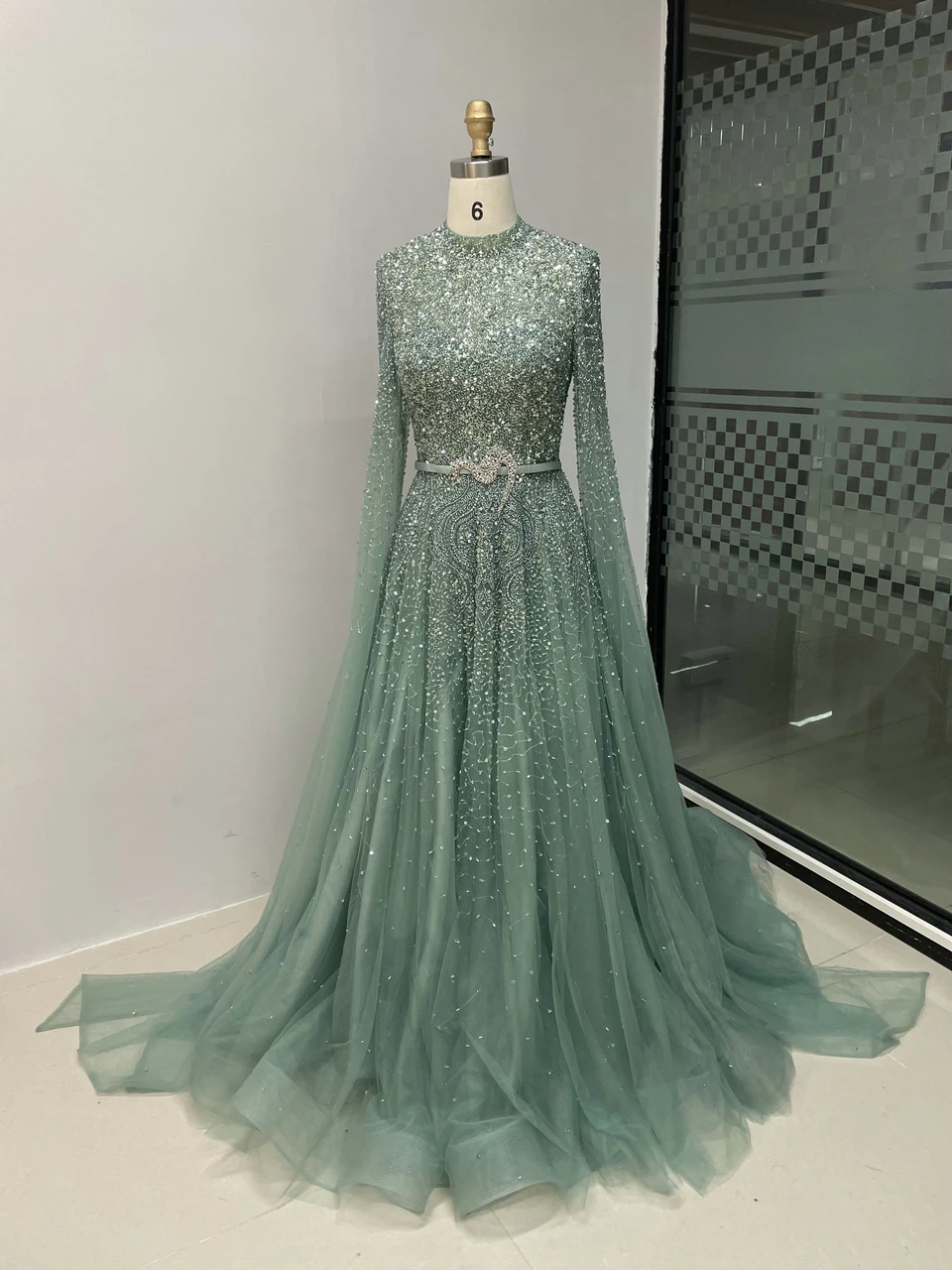 MYMB Luxury Cap Sleeve Dubai Wedding Party Dress High Neck A Line Long Sleeve Green Muslim Mother Evening Dress MY30024