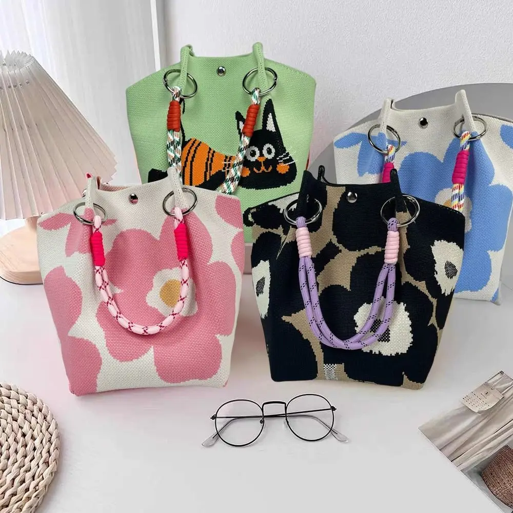Mode Cartoon Gestrickte Eimer Tasche Handarbeit Gewebt Ring Schnalle Schulter Tasche Große Kapazität Handgelenk Tasche für Frauen Mädchen
