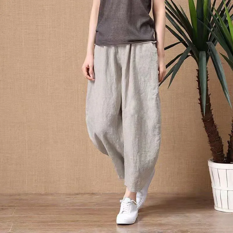 

Retro Loose Cotton Linen Harem Pants Women Summer Harajuku High Waist Elastic Ankle-length Pants Oversize Casual Pants New Z480