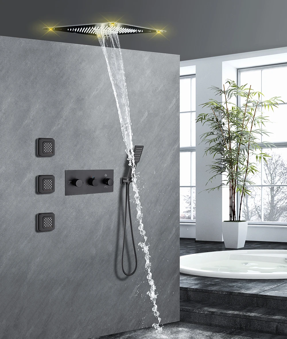 Black Square Canopy Concealed Shower System Thermostatic Switch Rainfall Function Wall Spray LED Light Made of Solid Copper