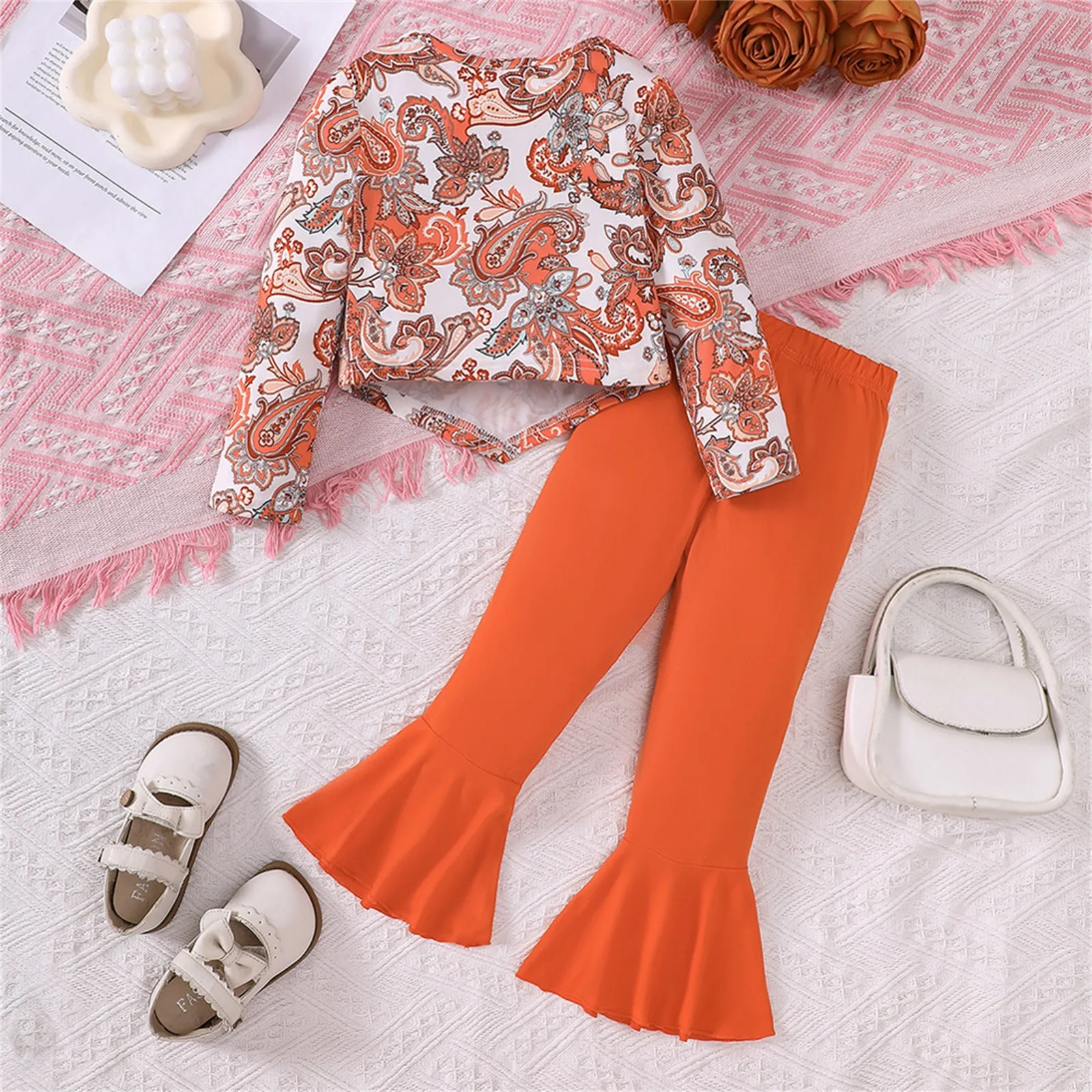 Toddler Girls Fall Winter Clothes Sets Vintage Printing Long Sleeve Tops+Orange Flared Pants Two Pieces Suit For Children Girls