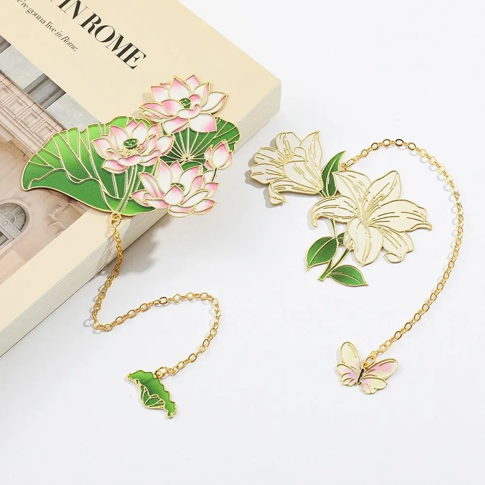 

Creative Metal Lotus Flower Bookmark Tassel Pendant Reading Markers Chinese style Painted Brass Bookmark Student Gift