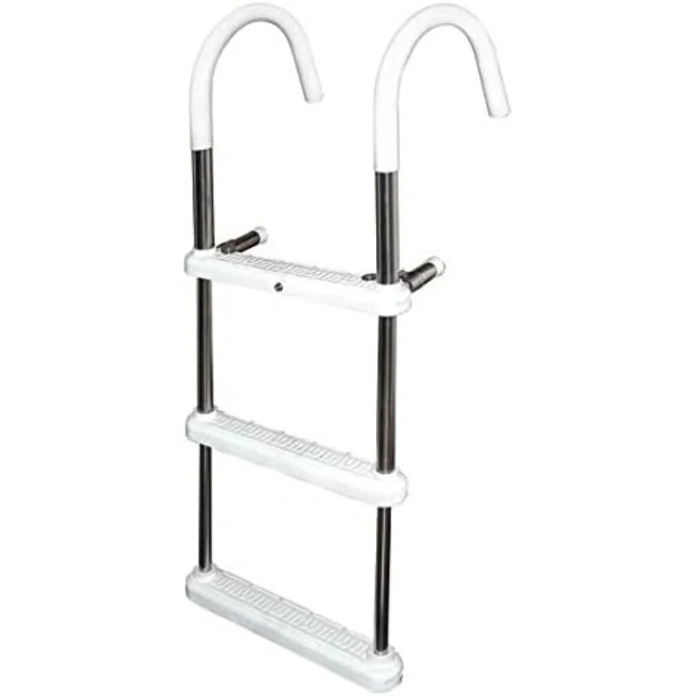 Stainless Steel Gunwale Hook Ladder – 3 Step Boat Ladder with 11 Inch Hook Depth Folding Vinyl Coated Hooks 304