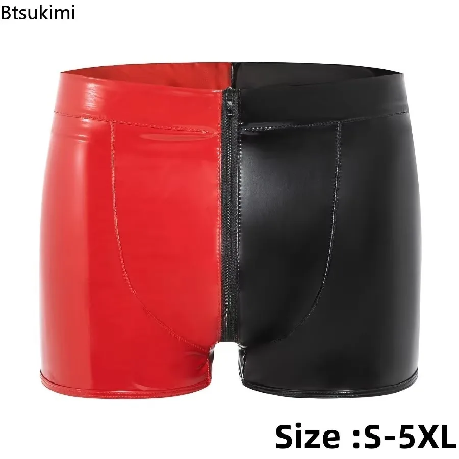 2025 Contrast Color Wet Look PVC Shorts Men Convex Pouch Zipper Shiny PU Leather Trunks Boxershorts Tights Calzoncillos Boxer