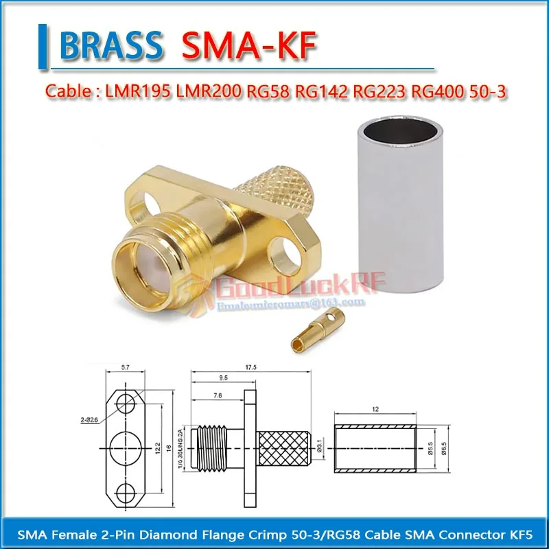 SMA Female Connector with 2 Hole Diamond Flange Crimp for 50-3/LMR195 LMR200 RG58 RG142 RG223 RG400 Cables KF5