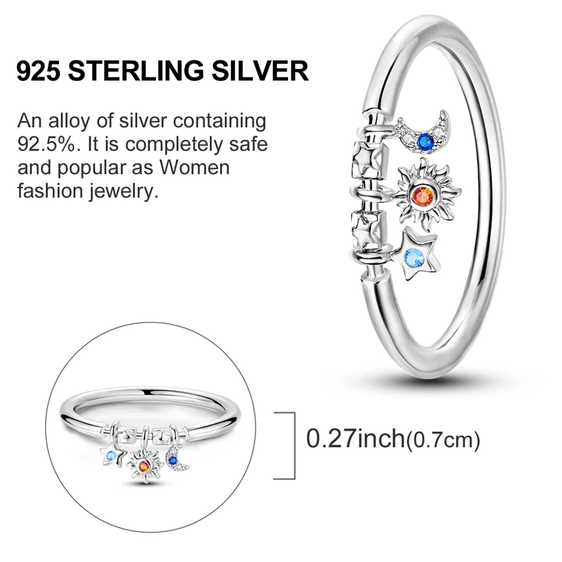 Women's 925 Silver Sun Moon Stars Ring, Sparkling Design