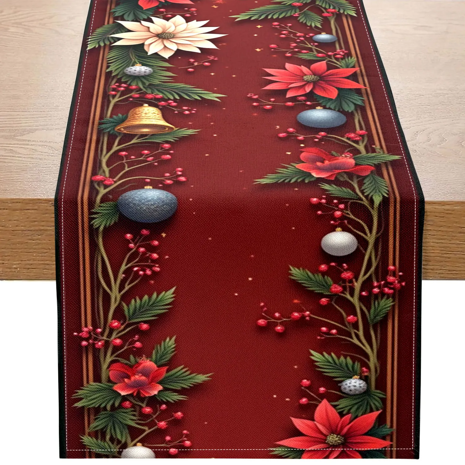 

1 Piece of Christmas-Themed Table Runner, Decorated with Poinsettias, Blue Balls, Etc., Suitable for Christmas Parties, Family Holiday Decorations, Etc