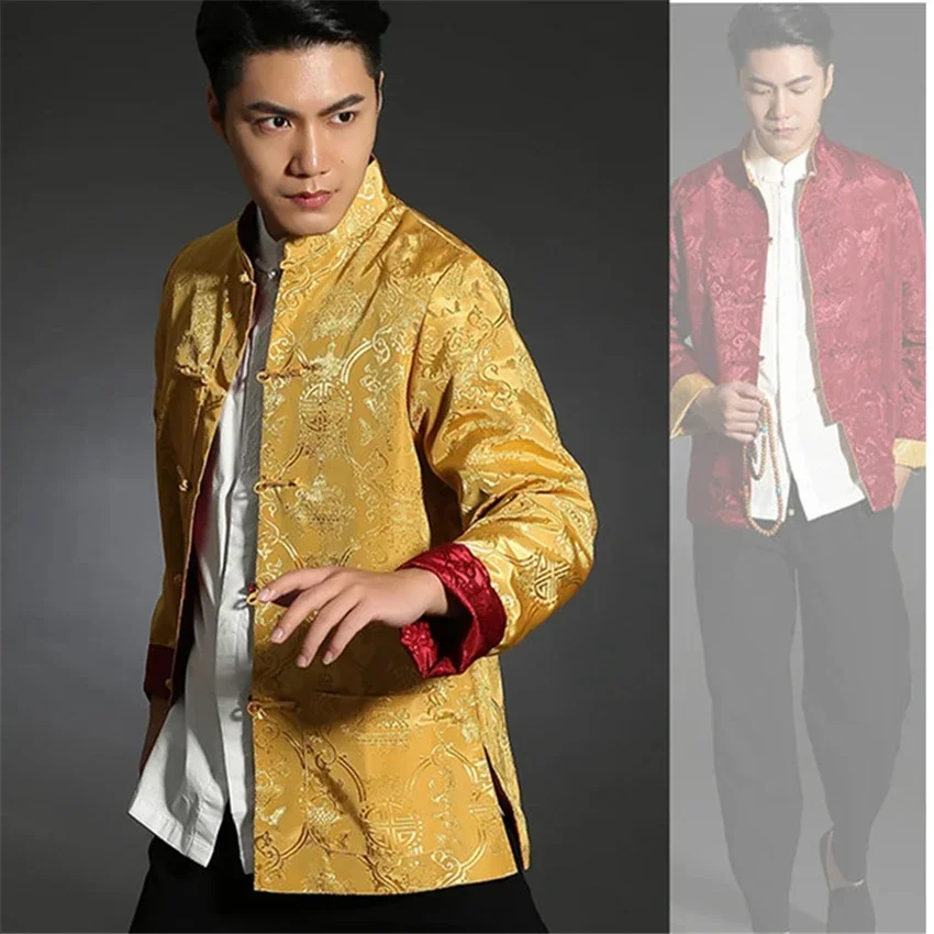 Traje Tang para hombre, camisa china, cuello de chaqueta, ropa tradicional china, seda, Kungfu, Cheongsam, Top Hanfu, ambos lados