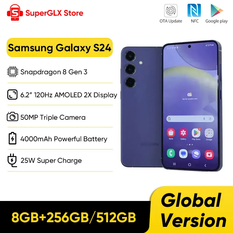 Samsung Galaxy S24 Snapdragon 8 Gen 3 6.2" 120Hz AMOLED 2X Display 50MP Triple Camera Android14 Samsung S24 AI Smartphone 2024