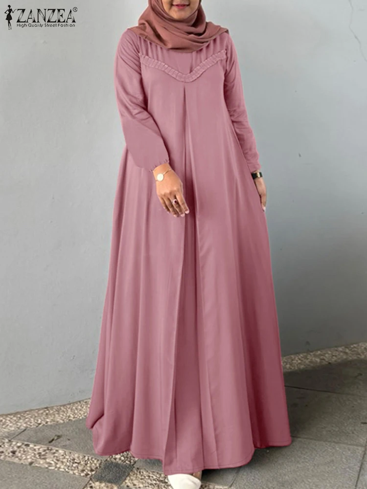 

ZANZEA Fashion Autumn Long Sleeve Pleated Maxi Sundress Eid Mubarek Ramadan Solid Vestido Women Dubai Turkey Abaya Hijab Dress