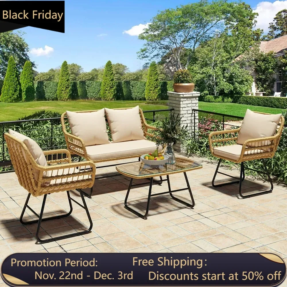 4-piece terrace furniture wicker set, rattan double sofa for backyard, with soft cushions and metal table (light brown+beige)