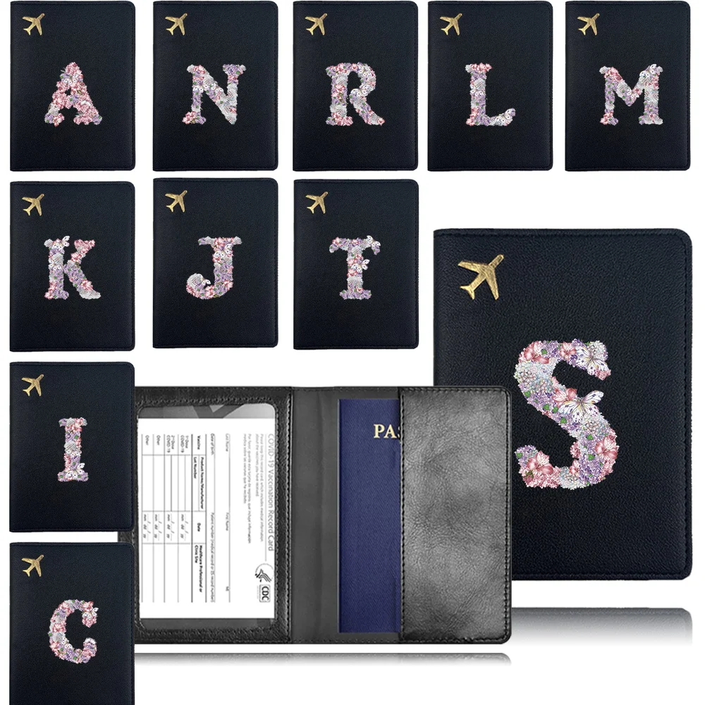 

Pu Passport Cover Airplane Passport Case Pocket Business Passport Clip Bank Card Organizer Cover Rose Flower Letter Pattern