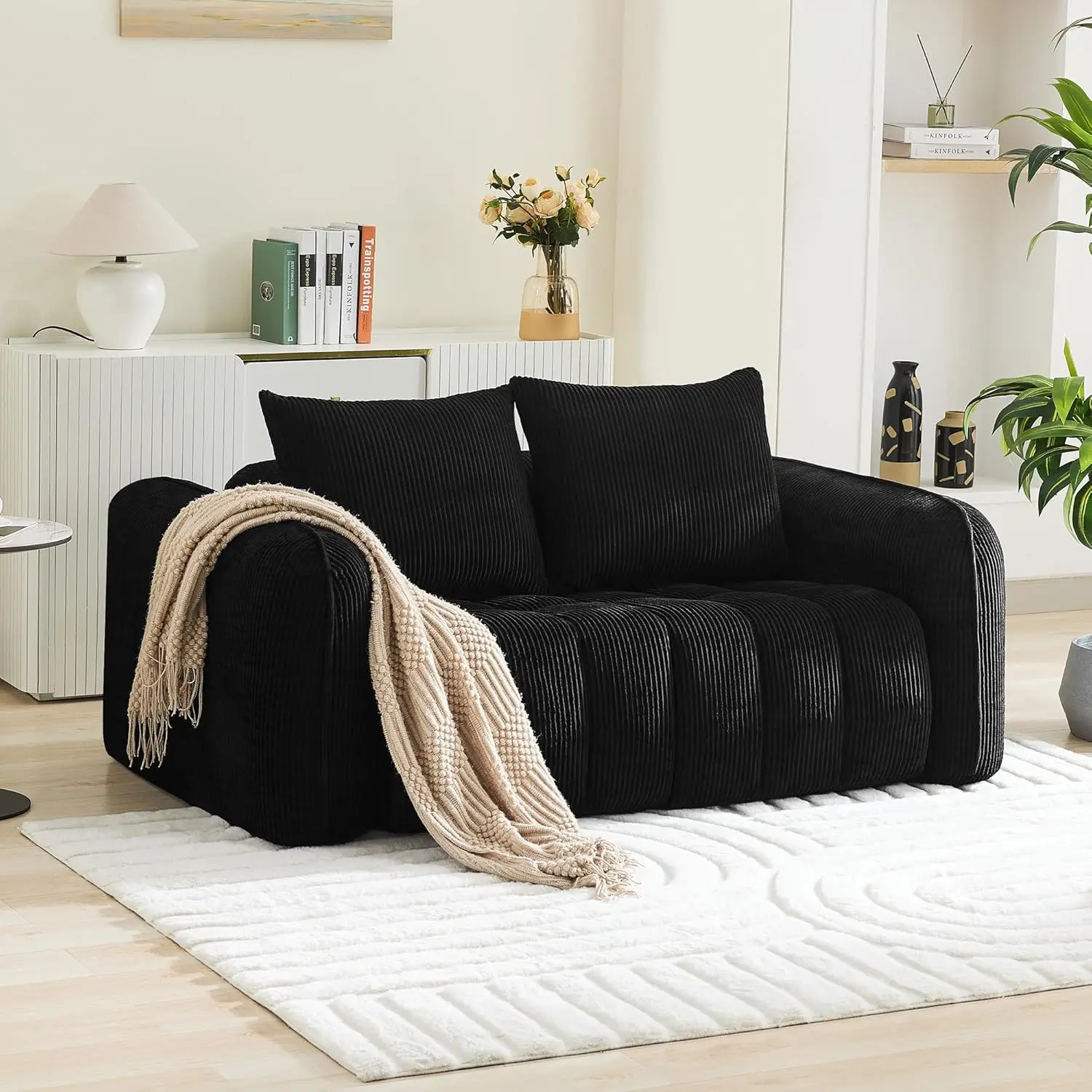 #Deep Seat Loveseat Rounded Armrest Upholstered Cloud Living Room Bedroom Corduroy White