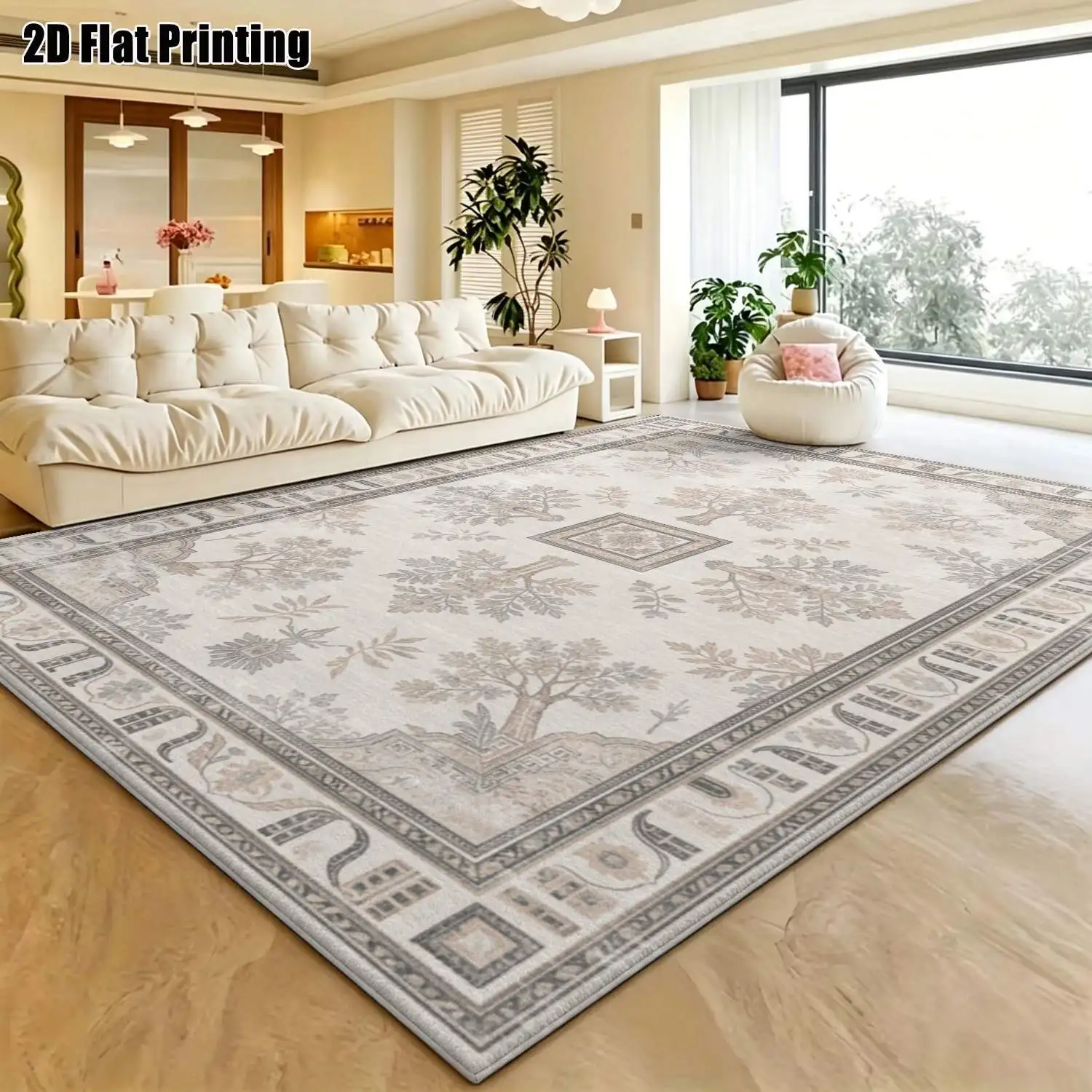 1Pc 2D Printed Carpet: Beige Tree & Plant Motifs, European Vintage, Geometric Lines, Floral, Simple Doormat for Home Decor, Multi-Size, Machine Washable Suitable for Entrance, Dining Room, Foyer, Bedroom, Living Room.
