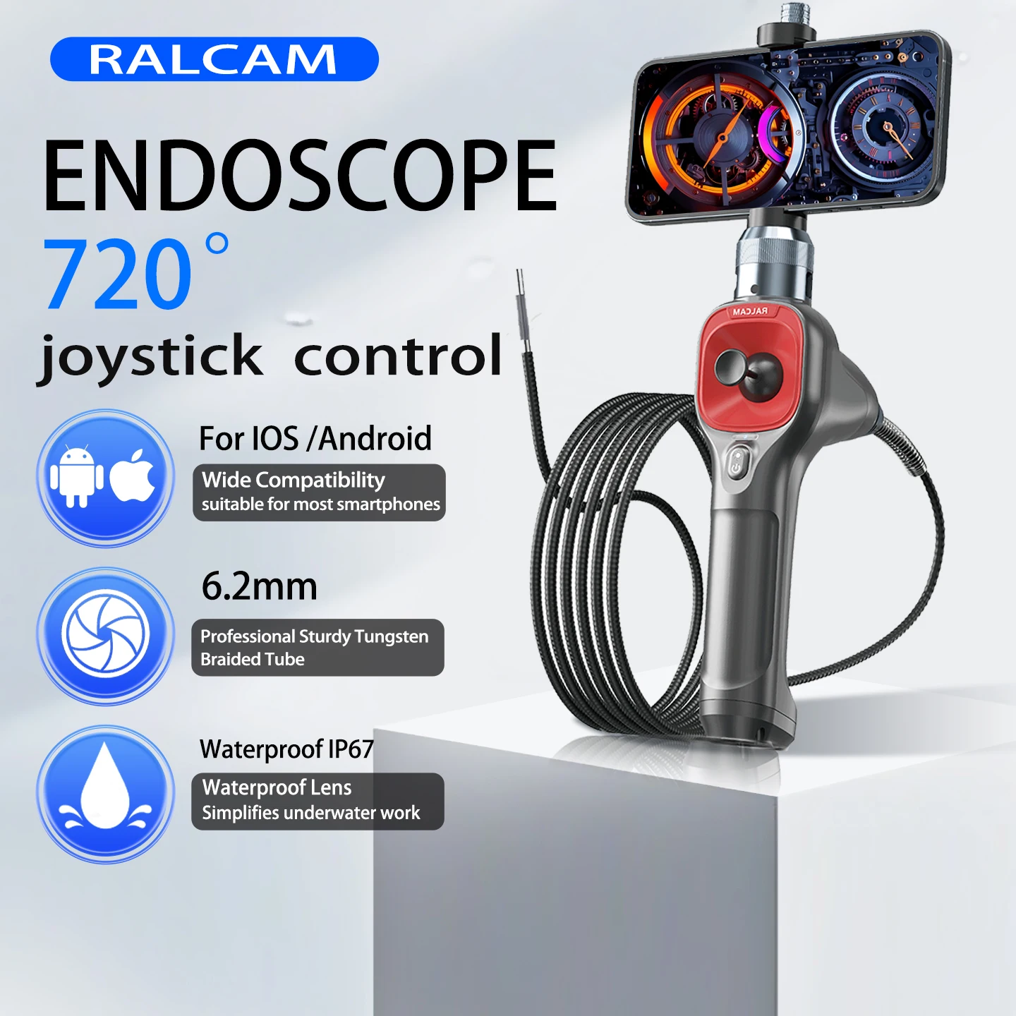 

Эндоскоп Ralcam 360 с артикулирующей головкой, камера 6,2 мм, 4-сторонняя регулировка, инспекционный инструмент с 6 светодиодами для iOS и Android