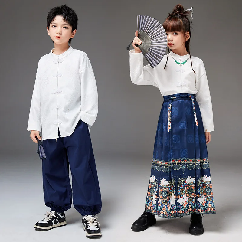 

Kids Chinese Traditional Garments Horse-faced Skirt for Girls Hanfu Boys Ancient Clothing